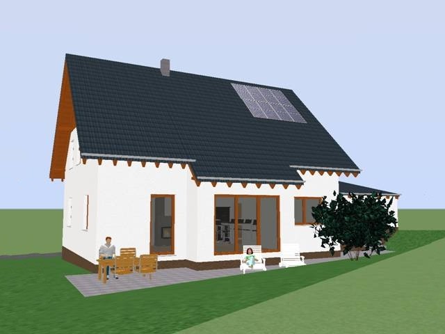 3D Visualisierung der Gartenseite mit Terrasse und Fensterelementen