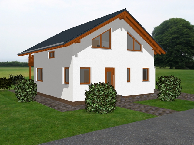 3D-Visualisierung eines klassischen Einfamilienhauses mit Satteldach und Putzfassade