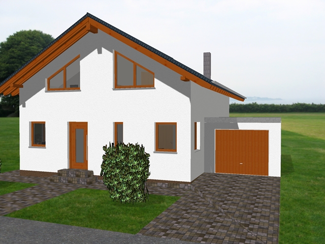 3D-Visualisierung eines Einfamilienhauses mit angebauter Garage und Satteldach