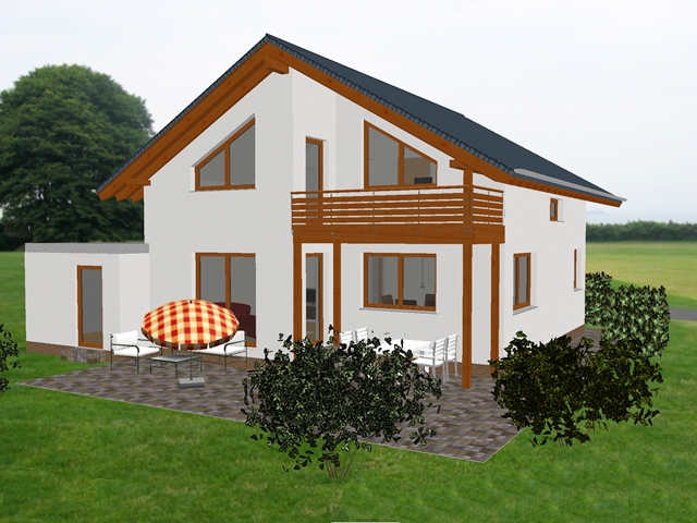 3D-Visualisierung der Gartenseite mit Terrasse und Balkon