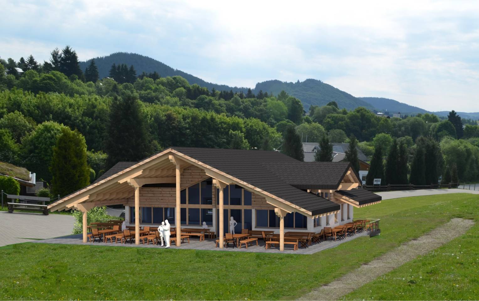 3D-Visualisierung einer Hüttengastronomie mit Terrasse und Holzkonstruktion