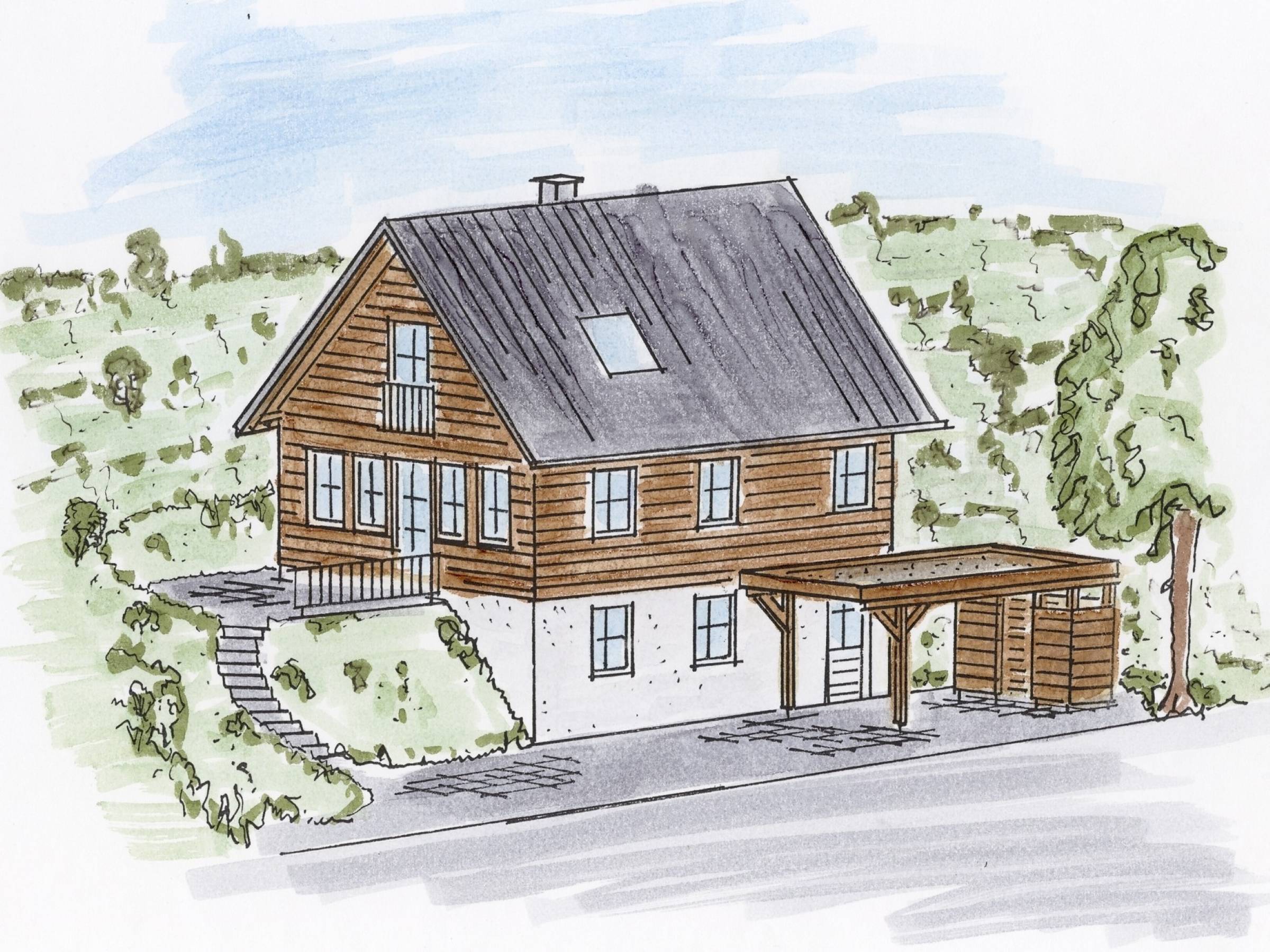 Handgezeichnete Perspektivskizze des Wochenendhauses Müller in Holzbauweise