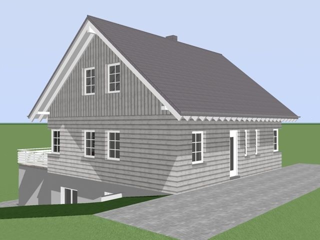 Visualisierung der Gartenseite eines Holzhauses mit Satteldach und Holzfassade