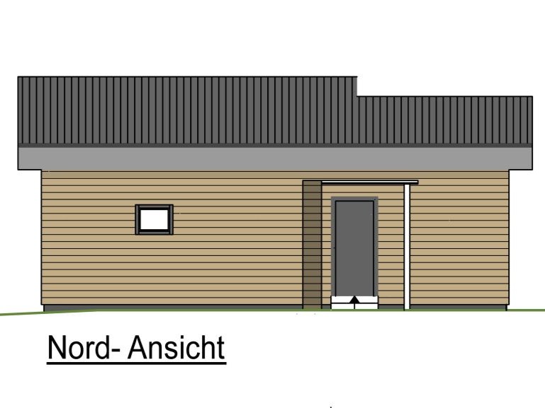 Entwurf Nordansicht eines Saunahauses mit horizontaler Holzfassade und flach geneigtem Dach