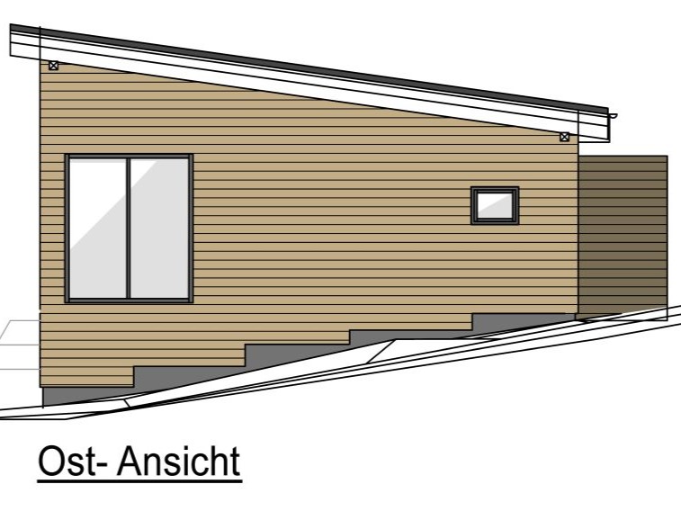 Entwurf Ostansicht eines Saunahauses in Hanglage mit Holzfassade und Pultdach