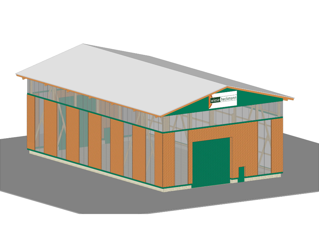 3D-Ansicht Montagehalle 3D-Darstellung einer Montagehalle in Holzbauweise