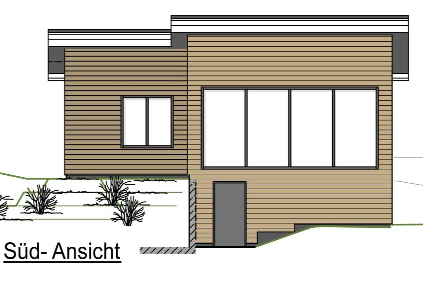 Entwurf Südansicht eines Saunahauses mit großflächigen Fensteröffnungen und Holzfassade