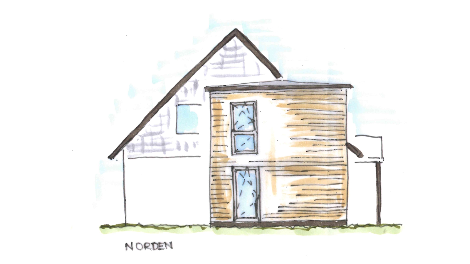 Entwurfszeichnung Nordansicht des zweigeschossigen Anbaus aus Holz am Bestandsgebäude