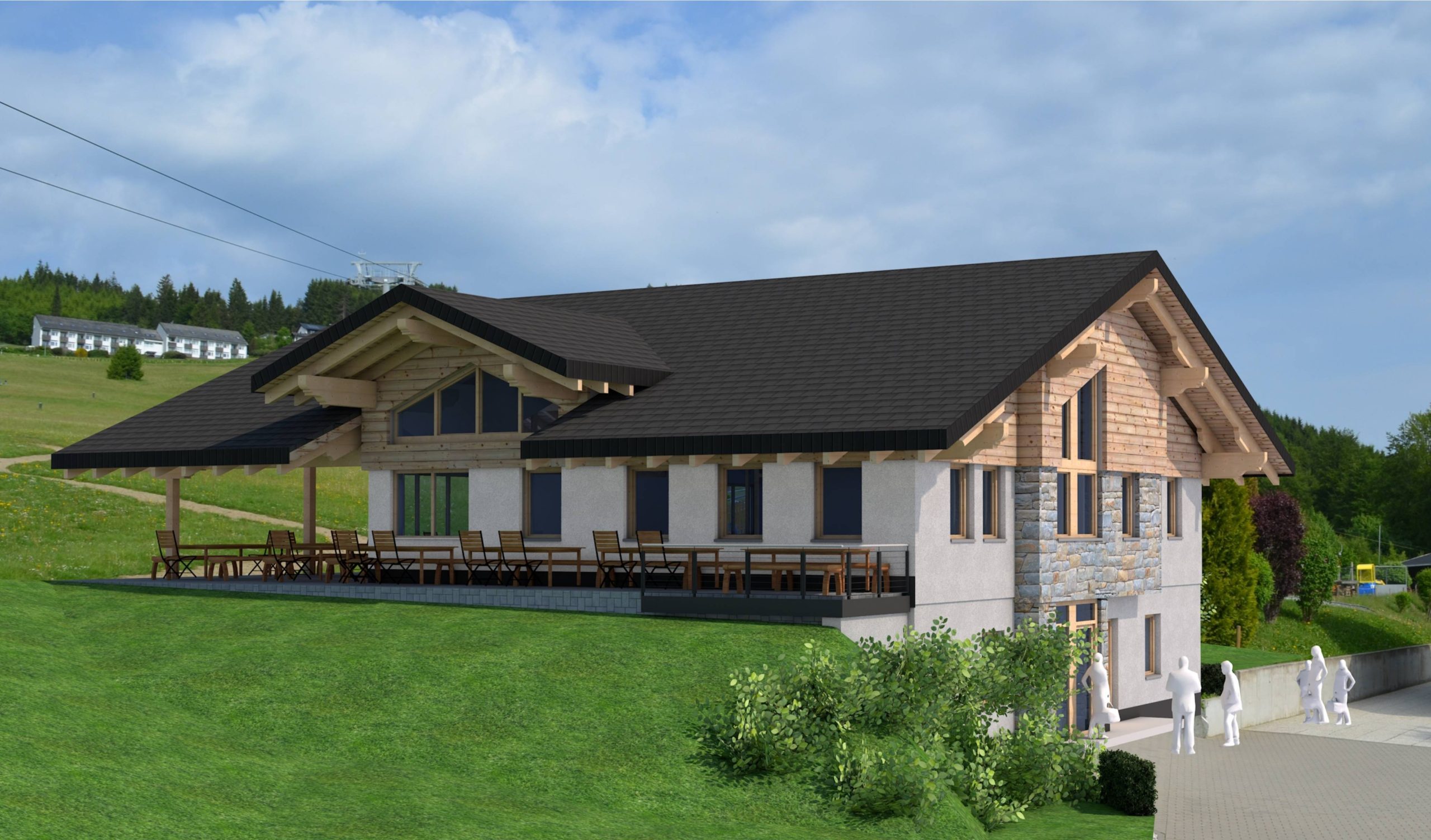 3D-Entwurfsansicht einer Hüttengastronomie im alpinen Stil in Willingen