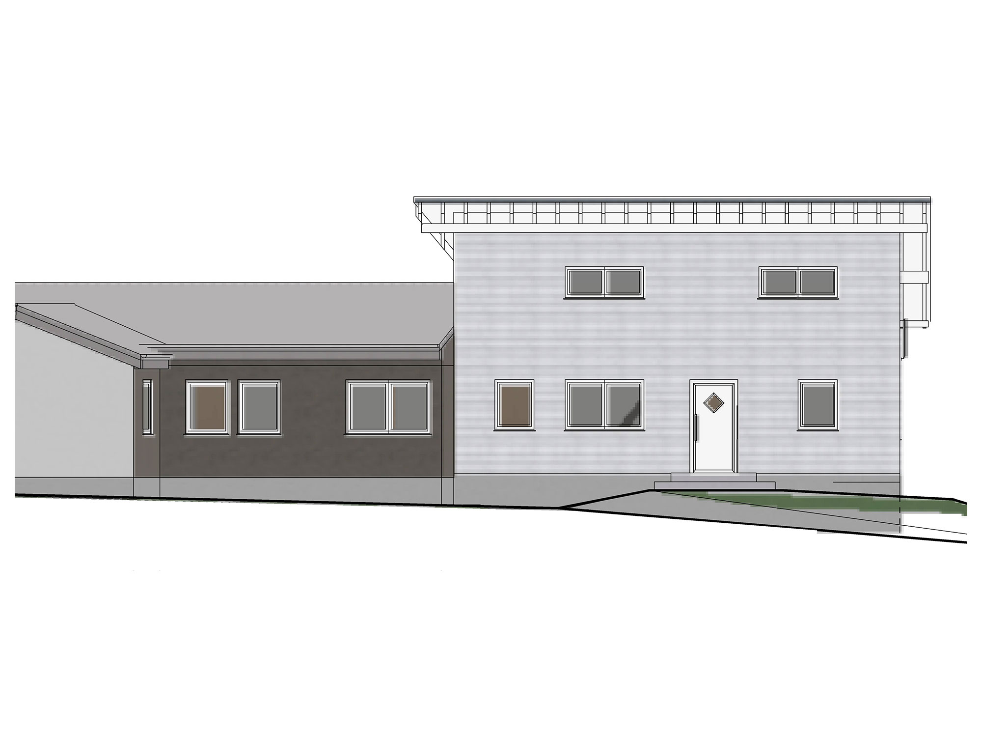 Visualisierung des zweigeschossigen Anbaus aus Holz mit Pultdach an bestehendem Wohnhaus