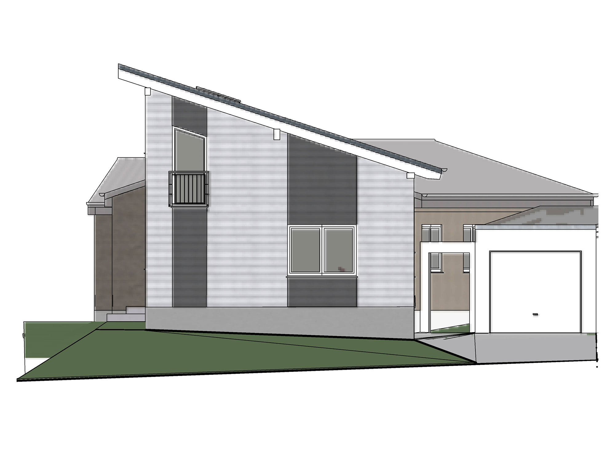 Seitenansicht des Holz-Anbaus mit geneigtem Pultdach und Fassadenstreifen