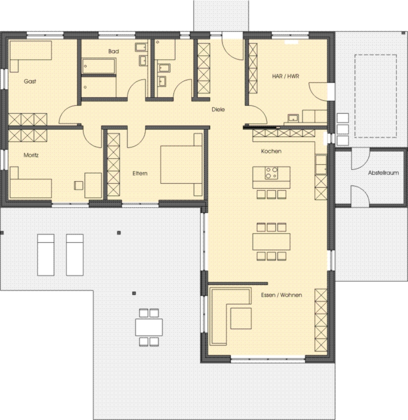 Grundriss des Erdgeschosses mit Wohnen, Kochen und Essen, Schlafzimmer, Bad, Hauswirtschaftsraum und Bibliothek