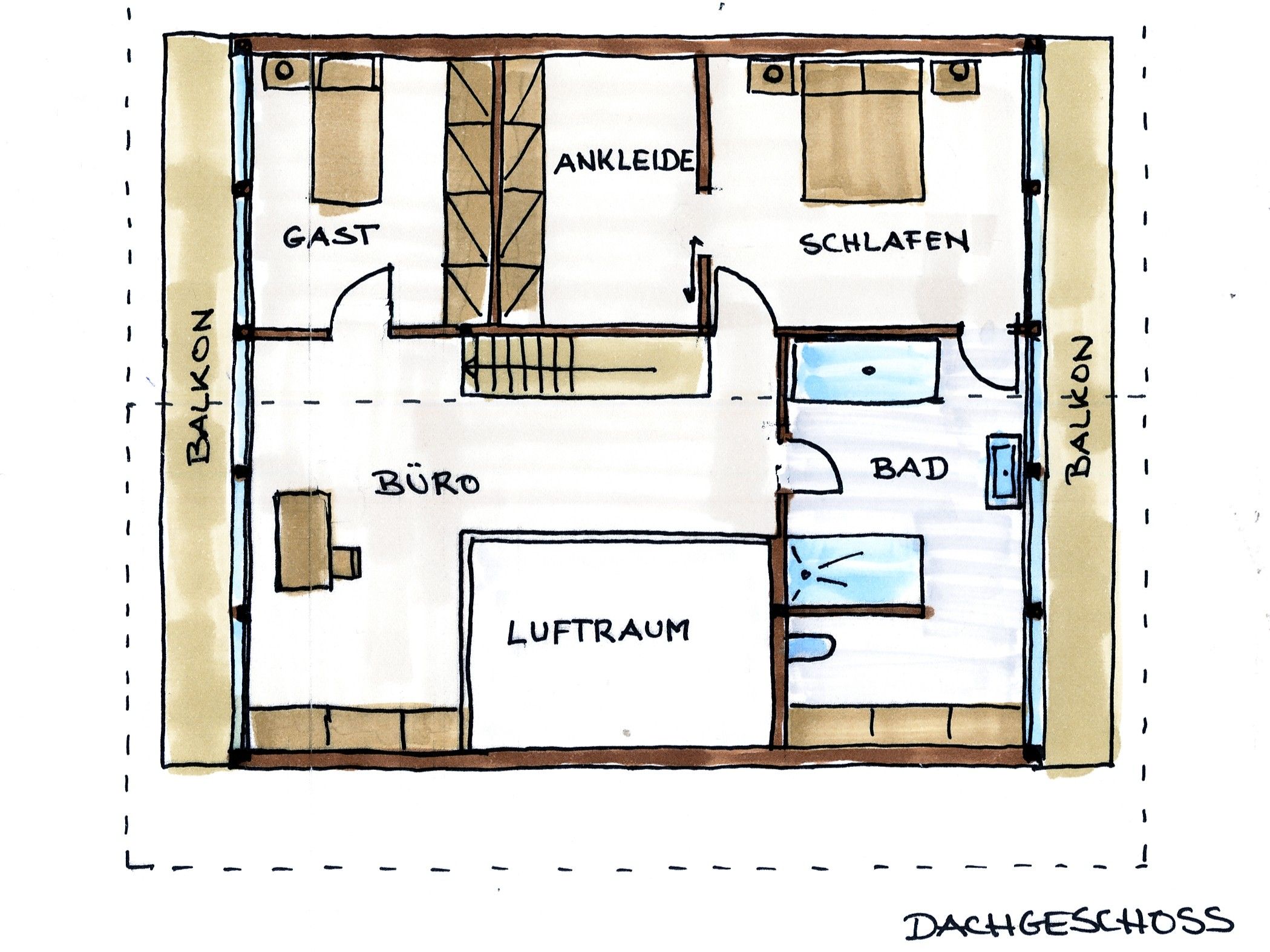 Grundriss Dachgeschoss mit Schlafräumen, Ankleide, Büro, Bad und Luftraum