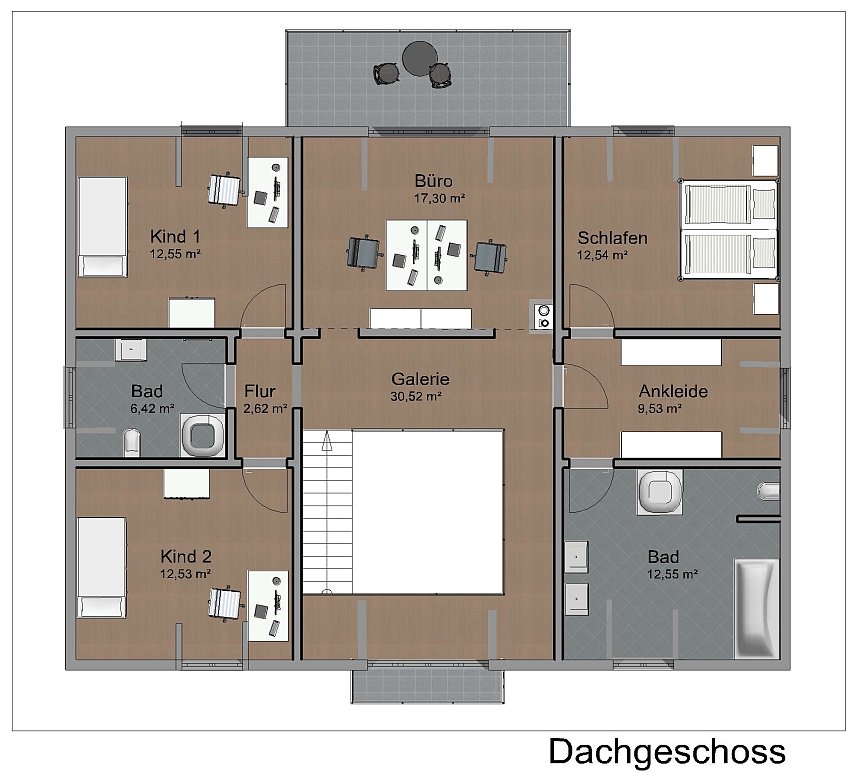 Grundriss Dachgeschoss von Haus Hillebrand mit Galerie, Schlafräumen und Bädern