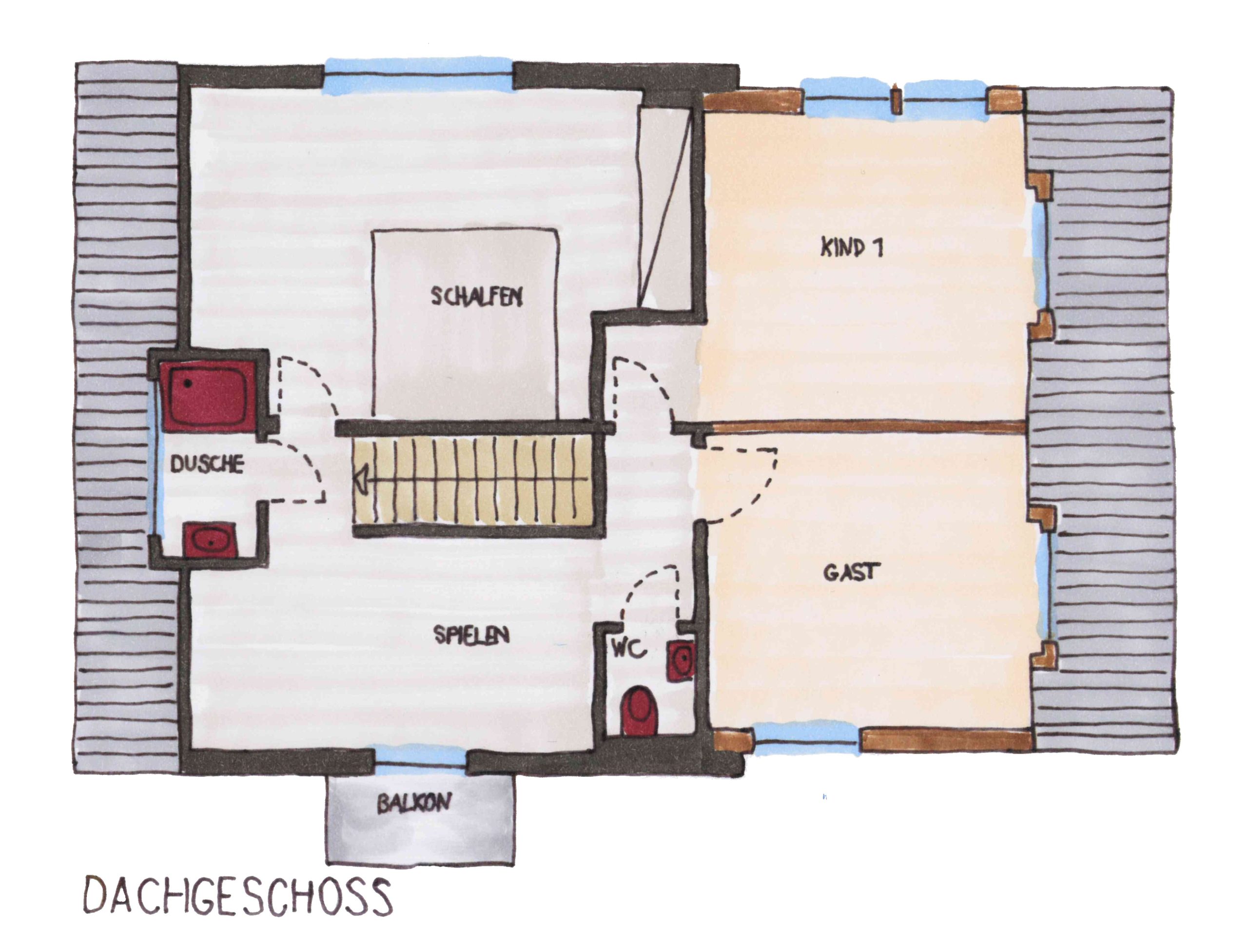 Grundriss des Dachgeschosses von Anbau Bald mit Kinderzimmer und Gästezimmer durch den Anbau in Holzrahmenbauweise