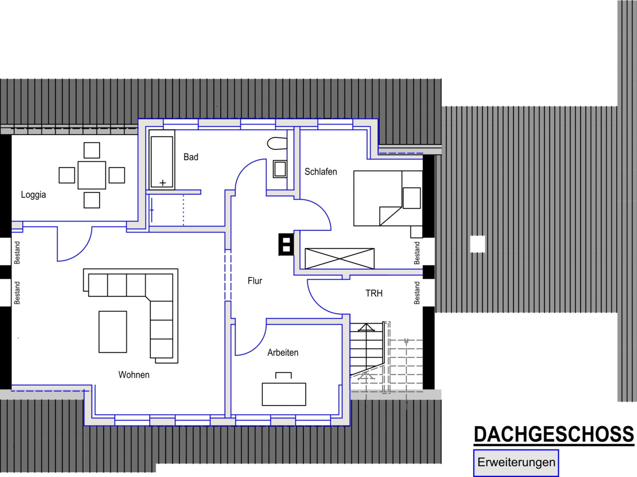 Grundriss des erweiterten Dachgeschosses mit Wohnen, Schlafen, Arbeiten, Bad und Loggia