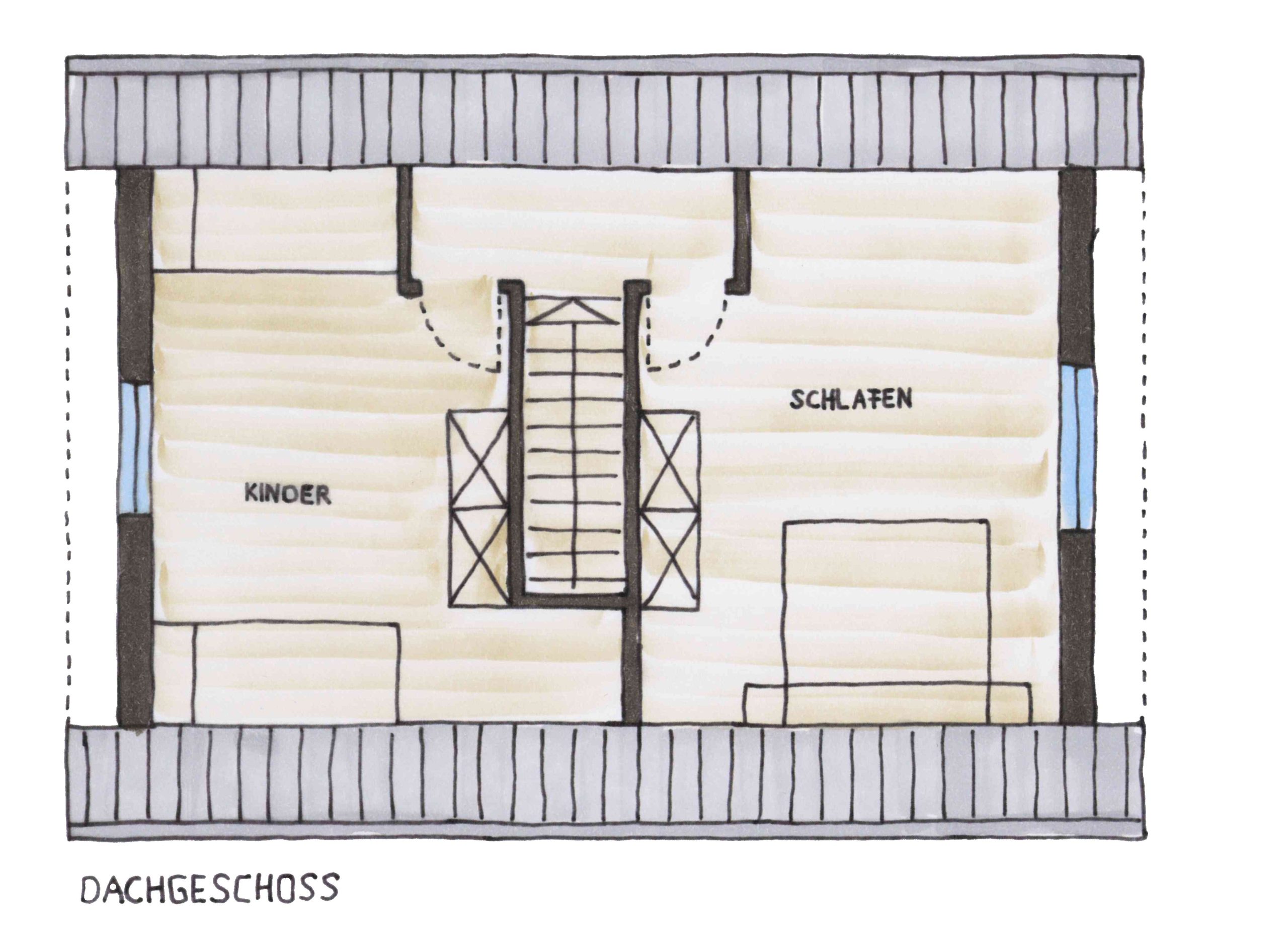 Grundriss des aufgestockten Dachgeschosses mit Schlafzimmer und Kinderzimmer