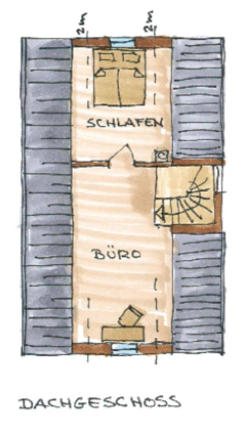 Grundriss des Dachgeschosses mit Schlafraum und Büro
