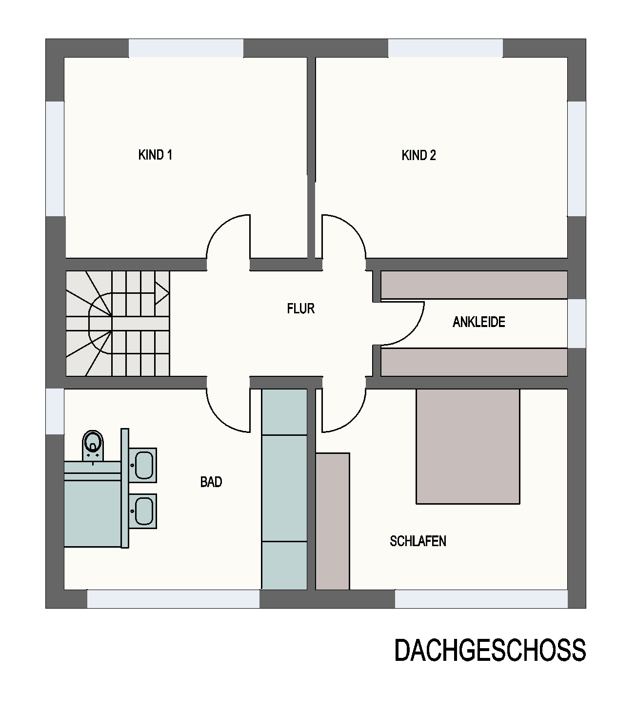 Grundriss des Dachgeschosses von Haus Körting mit Kinderzimmern, Schlafzimmer, Ankleide und Bad
