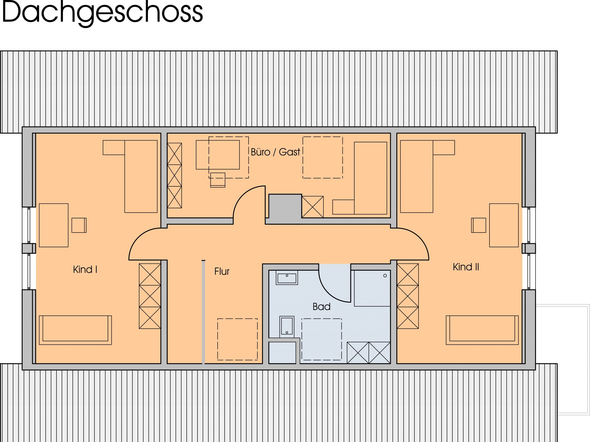 Grundriss des Dachgeschosses mit Kinderzimmern, Bad, Büro- oder Gästezimmer