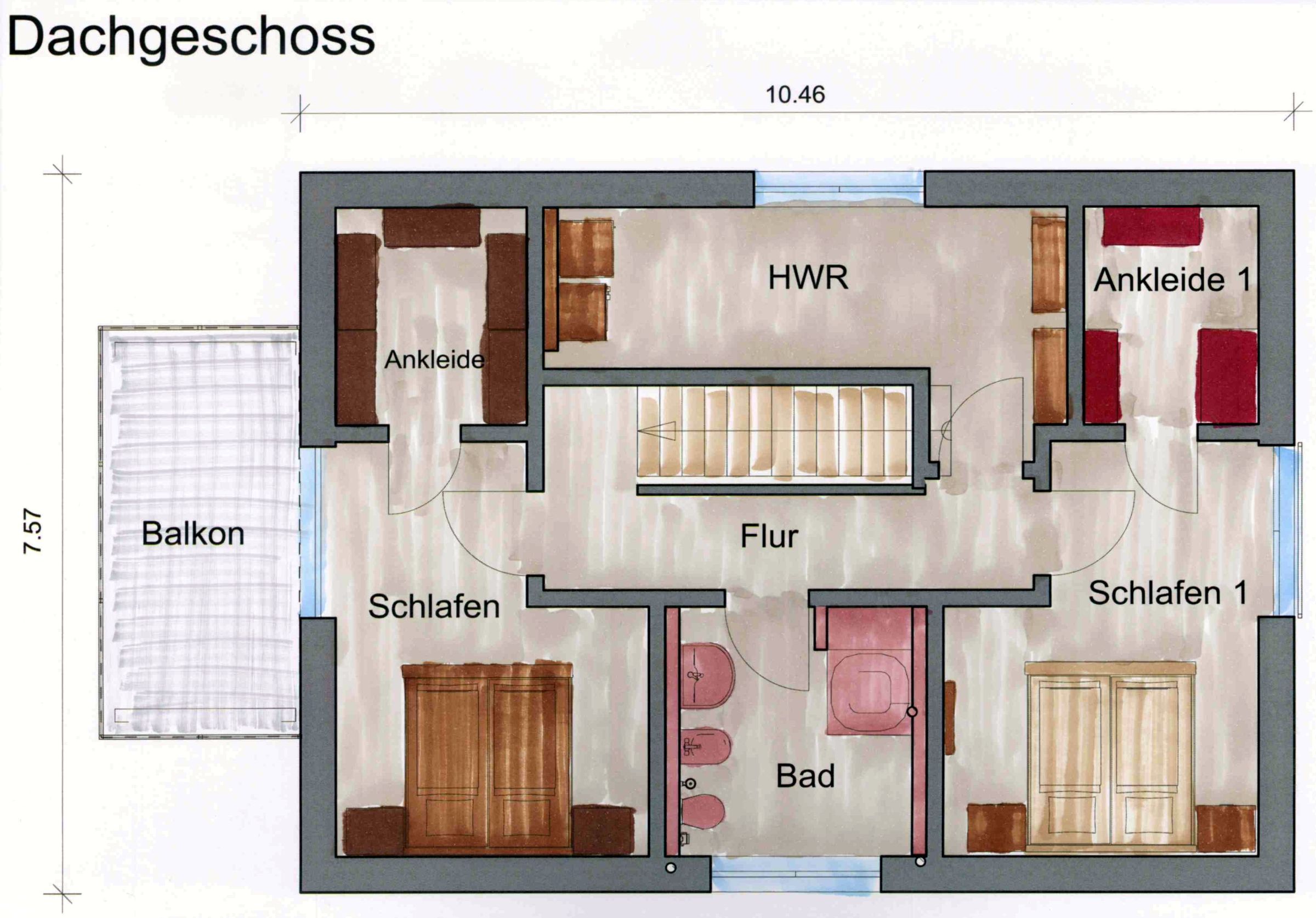 Dachgeschossgrundriss mit Schlafzimmern, Ankleiden, Bad und Balkon
