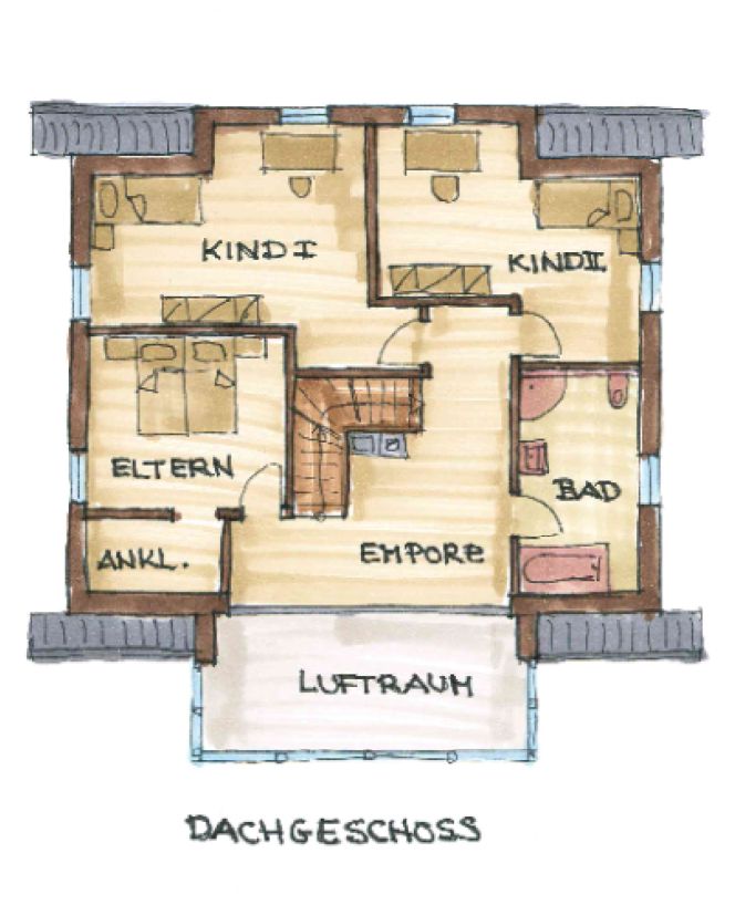 Grundriss Obergeschoss mit Elternbereich, Kinderzimmern und Büro