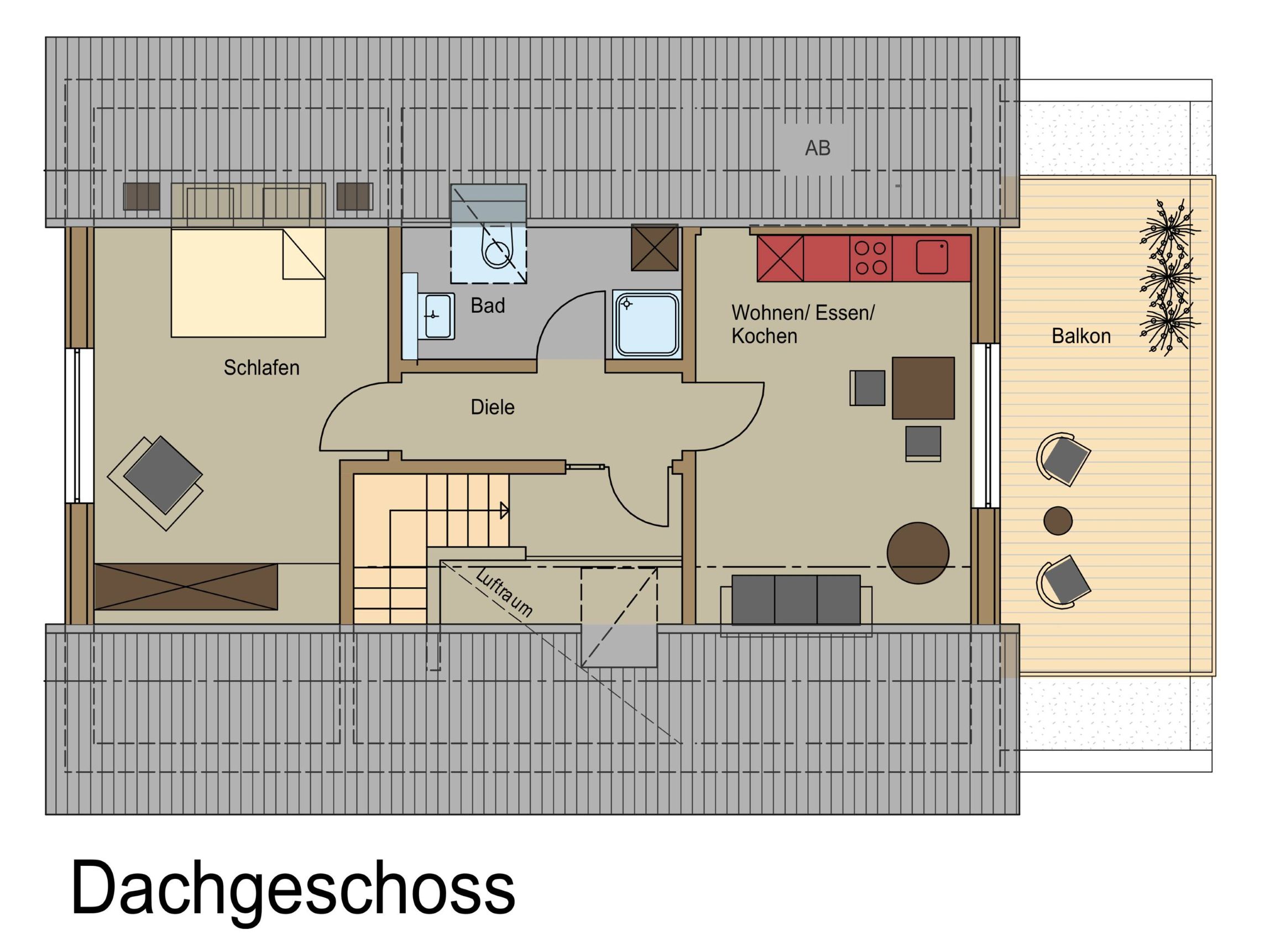Grundriss des Dachgeschosses mit Schlafräumen, Bad und Balkon