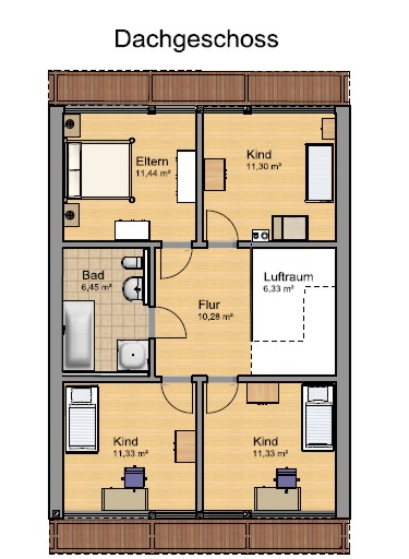 Grundriss des Erdgeschosses mit Wohnen, Kochen und Essen, Schlafzimmer, Bad, Hauswirtschaftsraum und Bibliothek