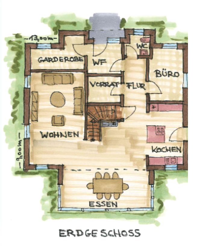 Grundriss Erdgeschoss eines Einfamilienhauses mit offenem Wohn-, Ess- und Kochbereich