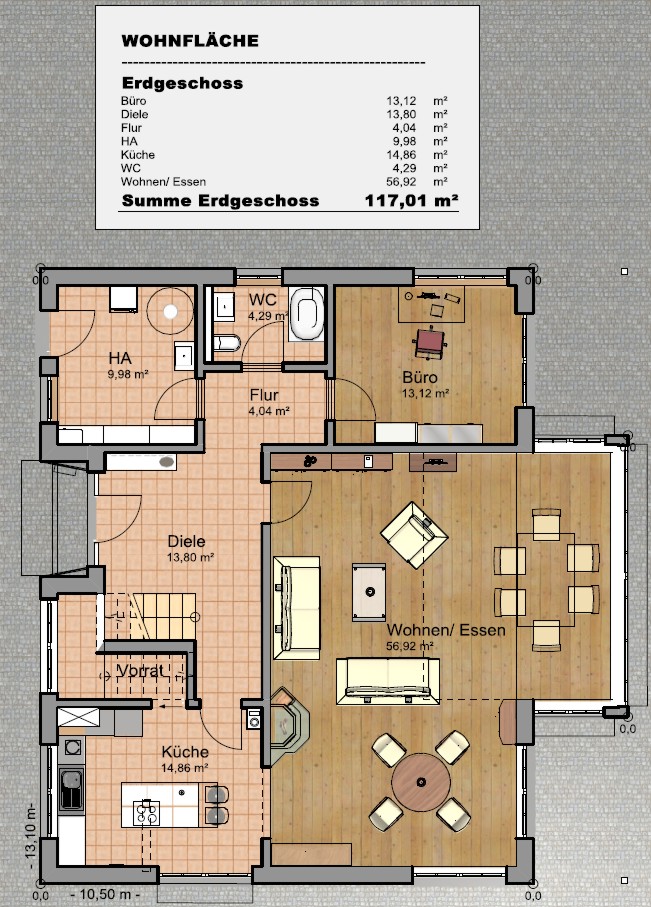 Grundriss des Erdgeschosses mit Wohnen, Essen, Küche und Diele