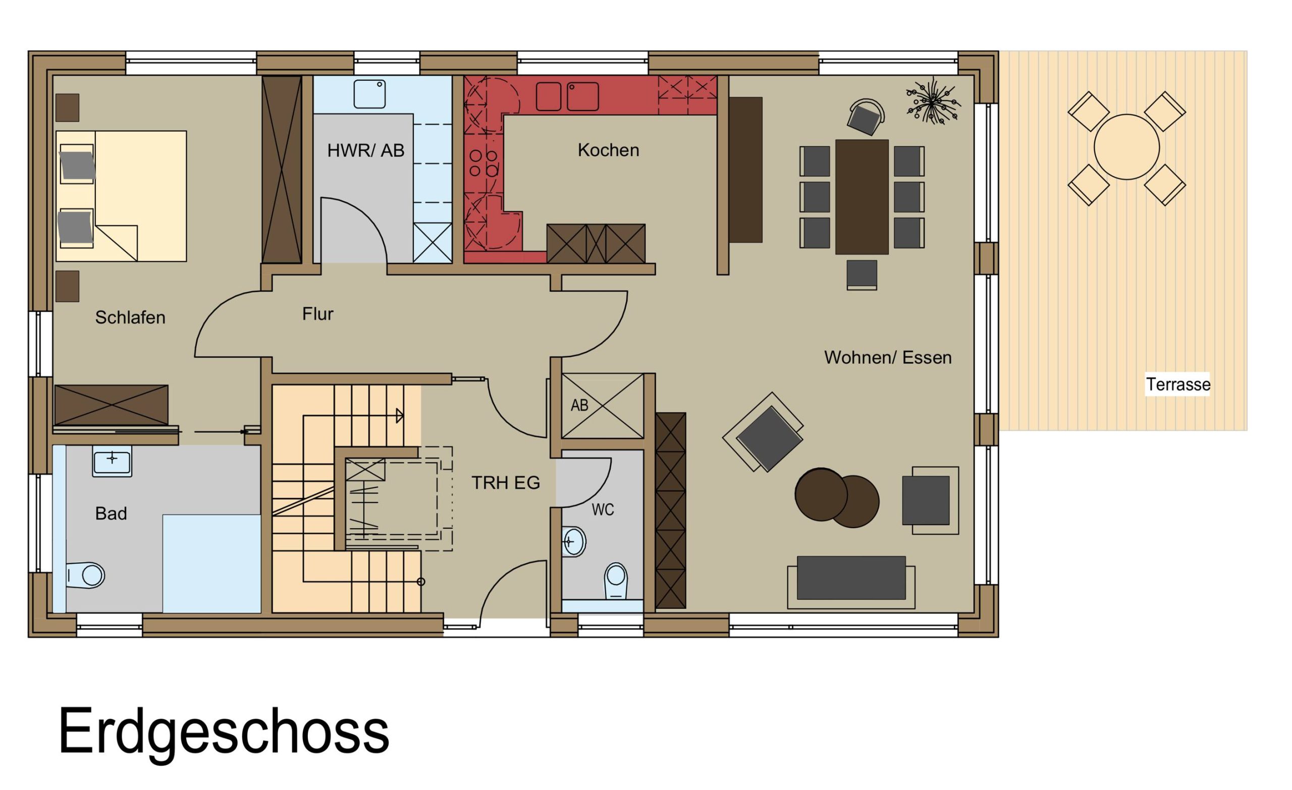 Grundriss des Erdgeschosses mit offenem Wohn-, Ess- und Kochbereich sowie Terrasse
