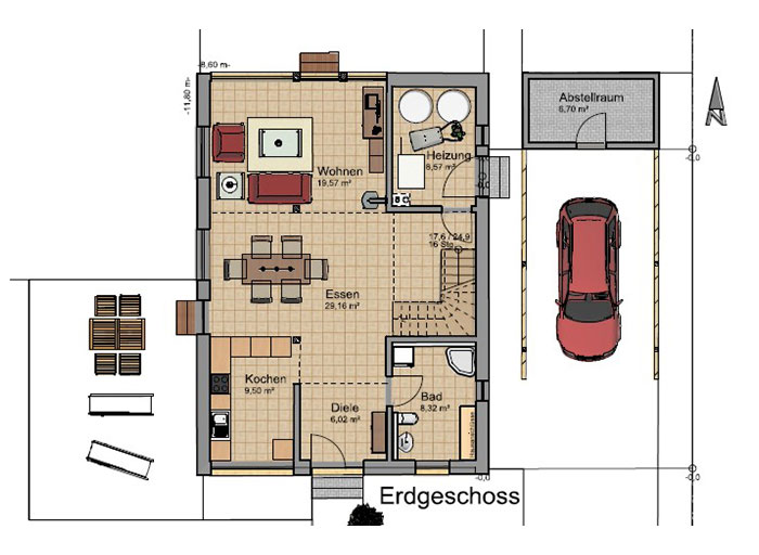 Grundriss des Erdgeschosses mit Wohnen, Kochen und Essen, Schlafzimmer, Bad, Hauswirtschaftsraum und Bibliothek