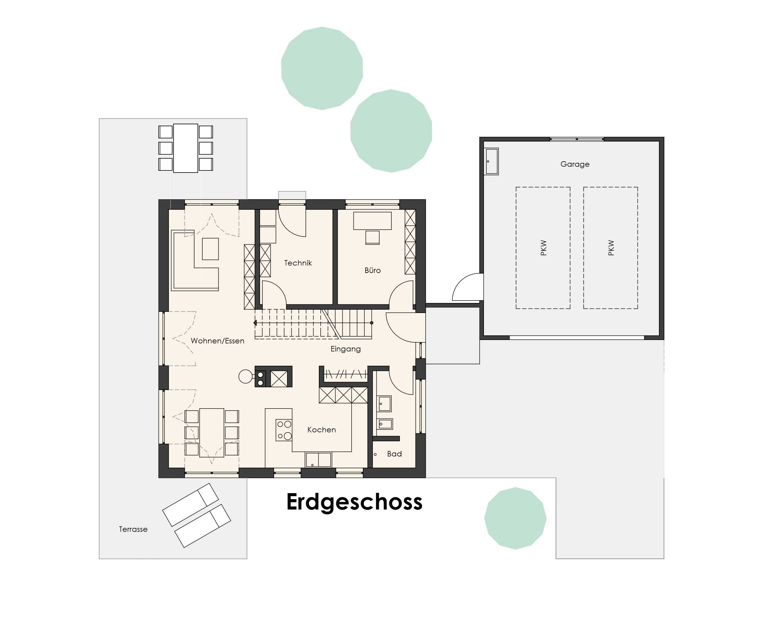 Grundriss Erdgeschoss eines Einfamilienhauses mit offenem Wohn-, Ess- und Kochbereich