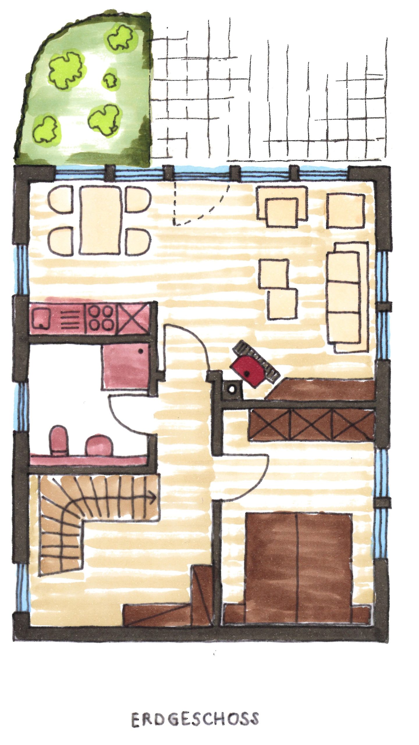 Erdgeschossgrundriss mit offenem Wohnbereich und direktem Gartenzugang