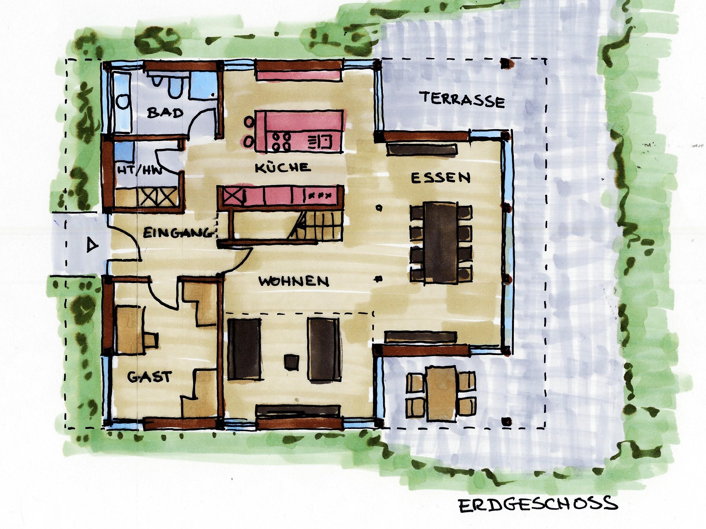 Erdgeschossgrundriss mit Wohnbereich, Küche, Essen, Gästezimmer und Terrasse