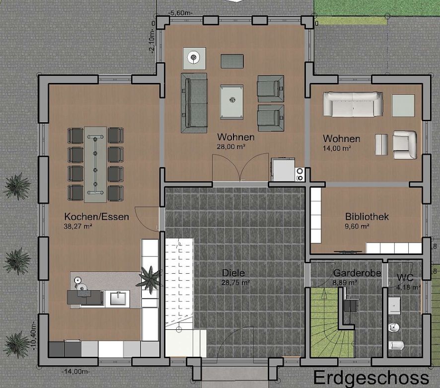 Grundriss Erdgeschoss von Haus Hillebrand mit Wohn-, Essbereich, Küche und Diele