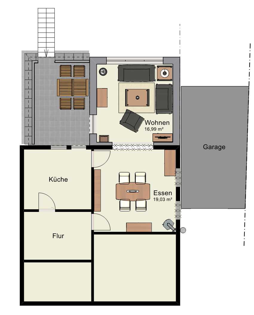 Grundriss des Anbaus mit neuem Wohnbereich und Verbindung zu Küche und Essen