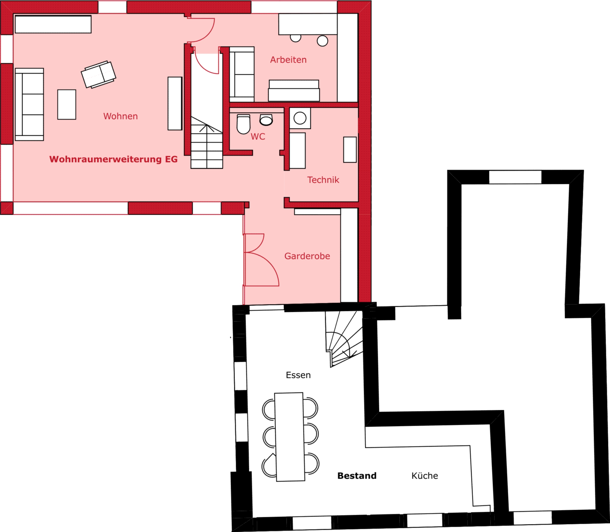 Grundriss Erdgeschoss des zweigeschossigen Anbaus mit Verbindung zwischen Alt- und Neubau