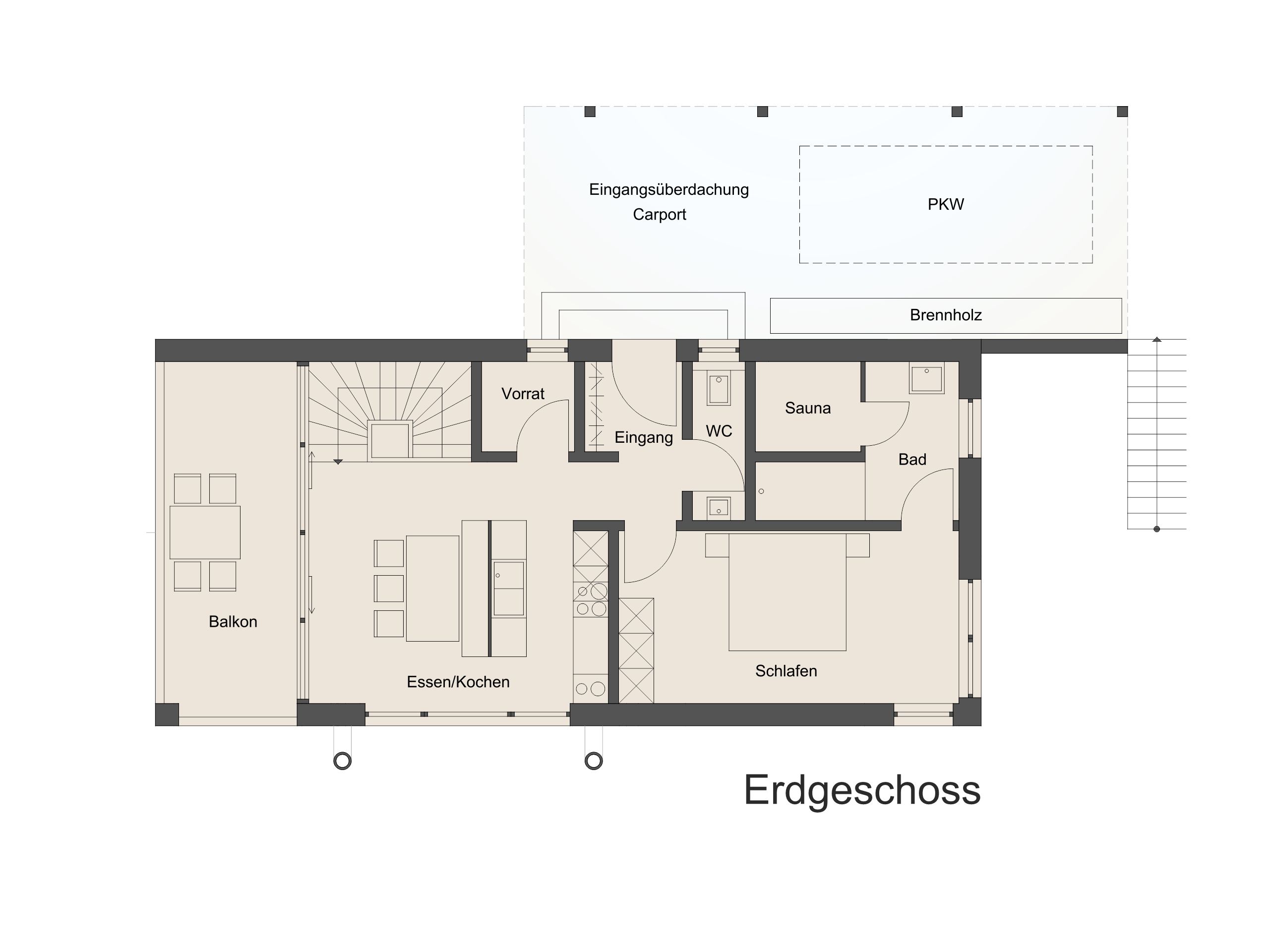 Erdgeschossgrundriss mit Kochen, Essen, Bad, Schlafen und Sauna