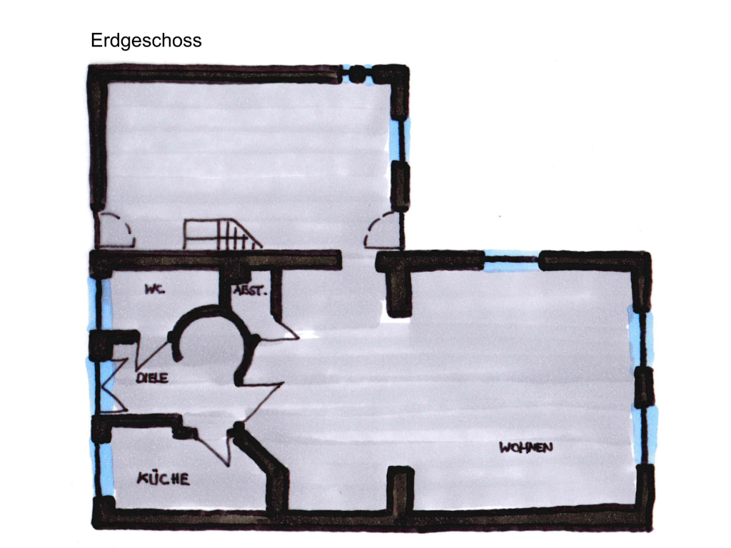 Grundriss des Erdgeschosses mit Wohnen, Küche, Diele und WC