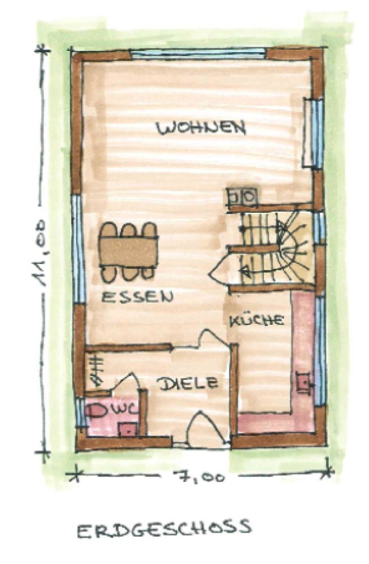 Grundriss des Erdgeschosses mit Wohnen, Essen, Küche und Diele
