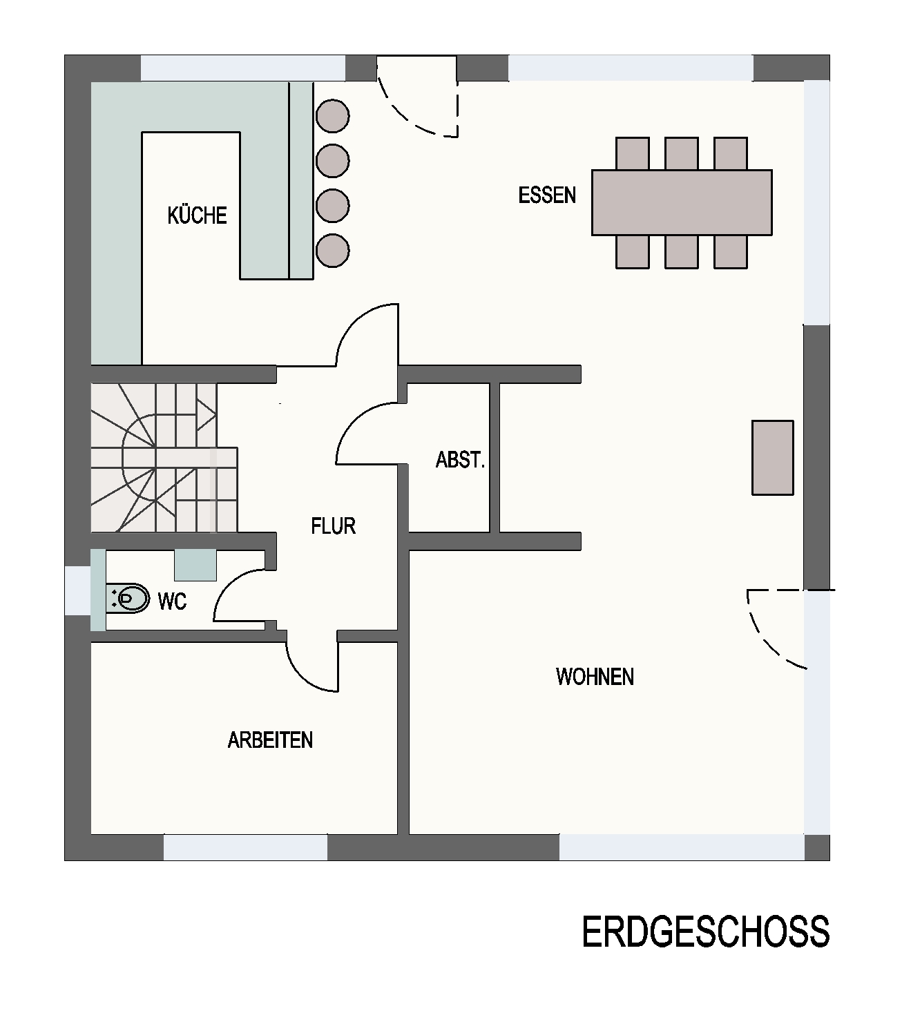 Erdgeschossgrundriss von Haus Körting mit Küche, Essen, Wohnen, Arbeitszimmer und Abstellraum