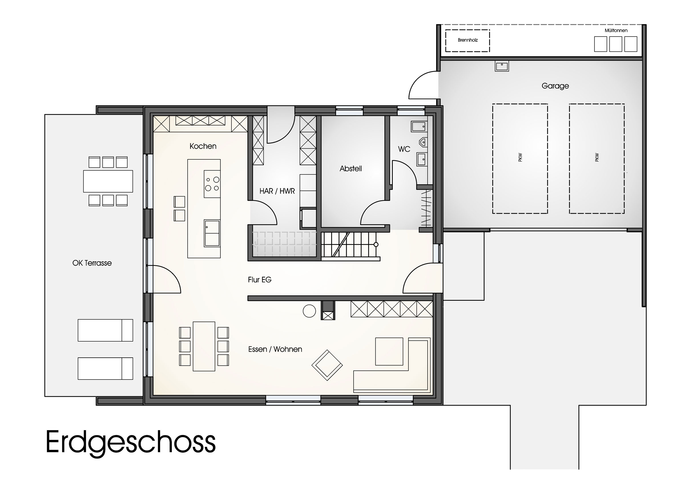 Grundriss Erdgeschoss eines Einfamilienhauses mit offenem Wohn-, Ess- und Kochbereich