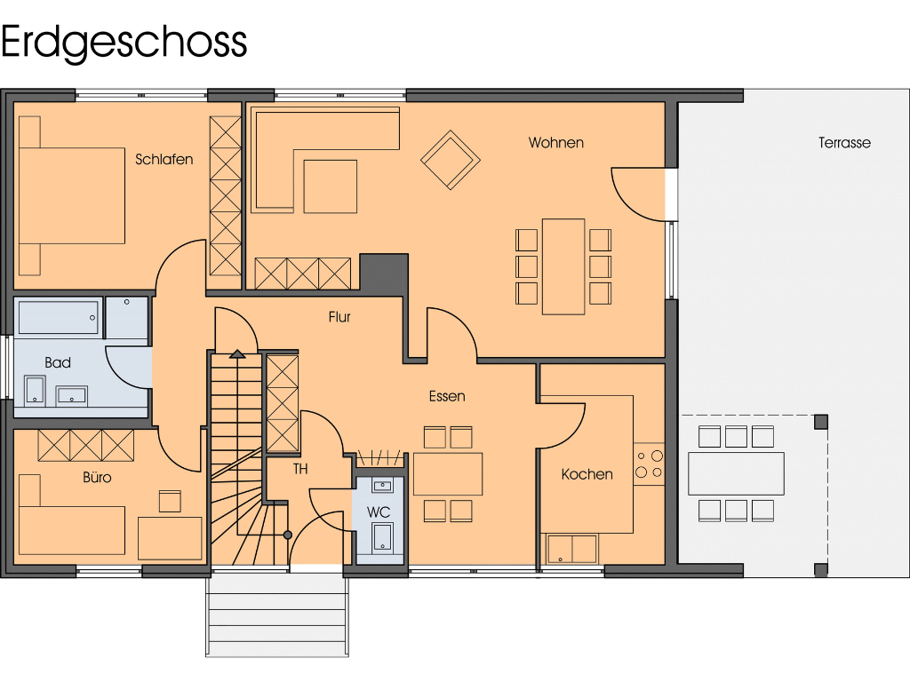 Grundriss des Erdgeschosses mit Wohn-, Ess-, Kochbereich, Schlafen, Büro und Terrasse