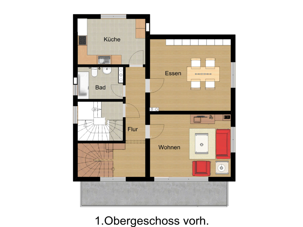Grundriss des ersten Obergeschosses vor der Aufstockung mit Bad, Wohn-, Ess- und Küchenbereich