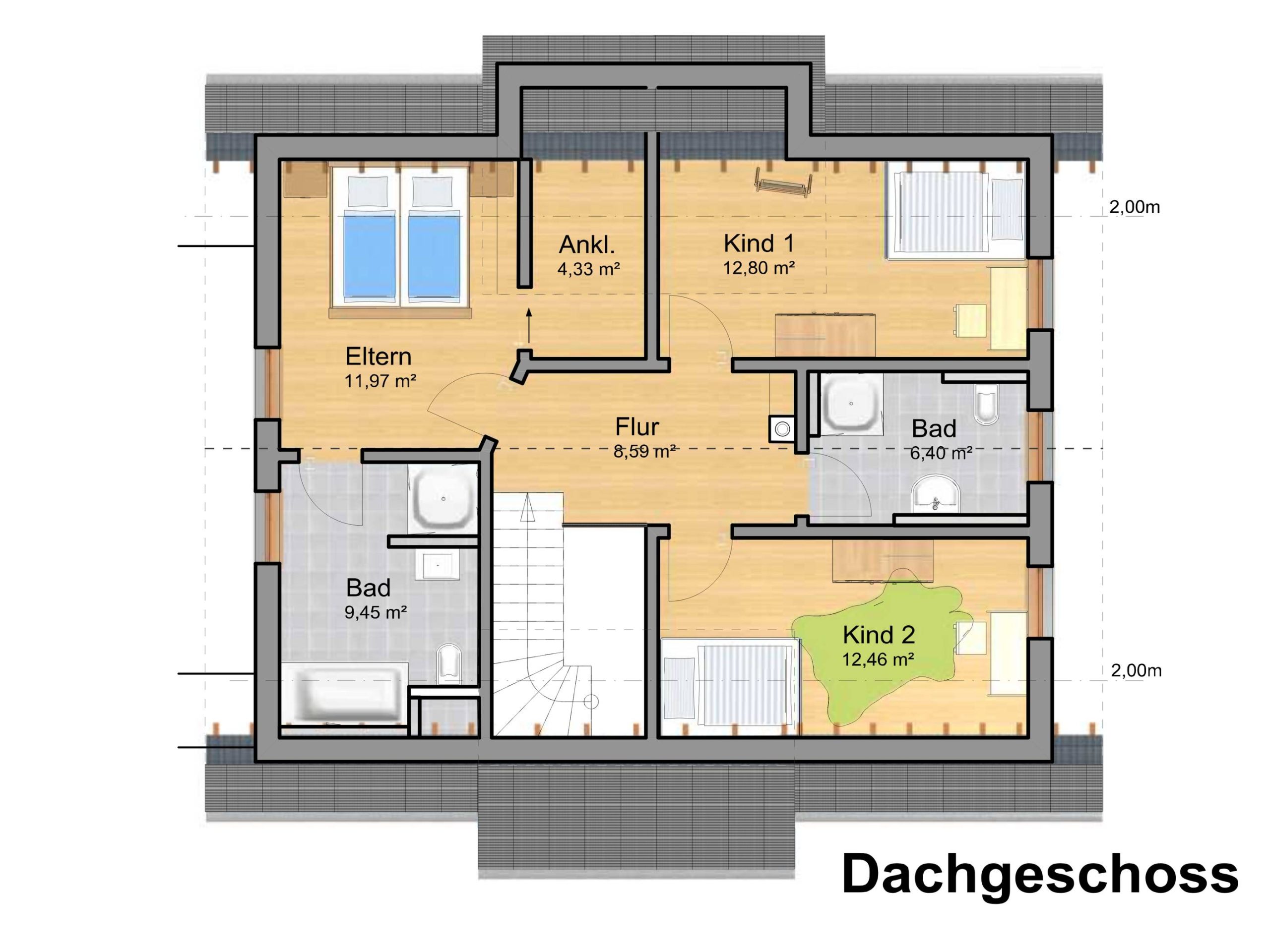 Grundriss des Dachgeschosses mit Schlafräumen, Kinderzimmern, Bädern und Ankleide