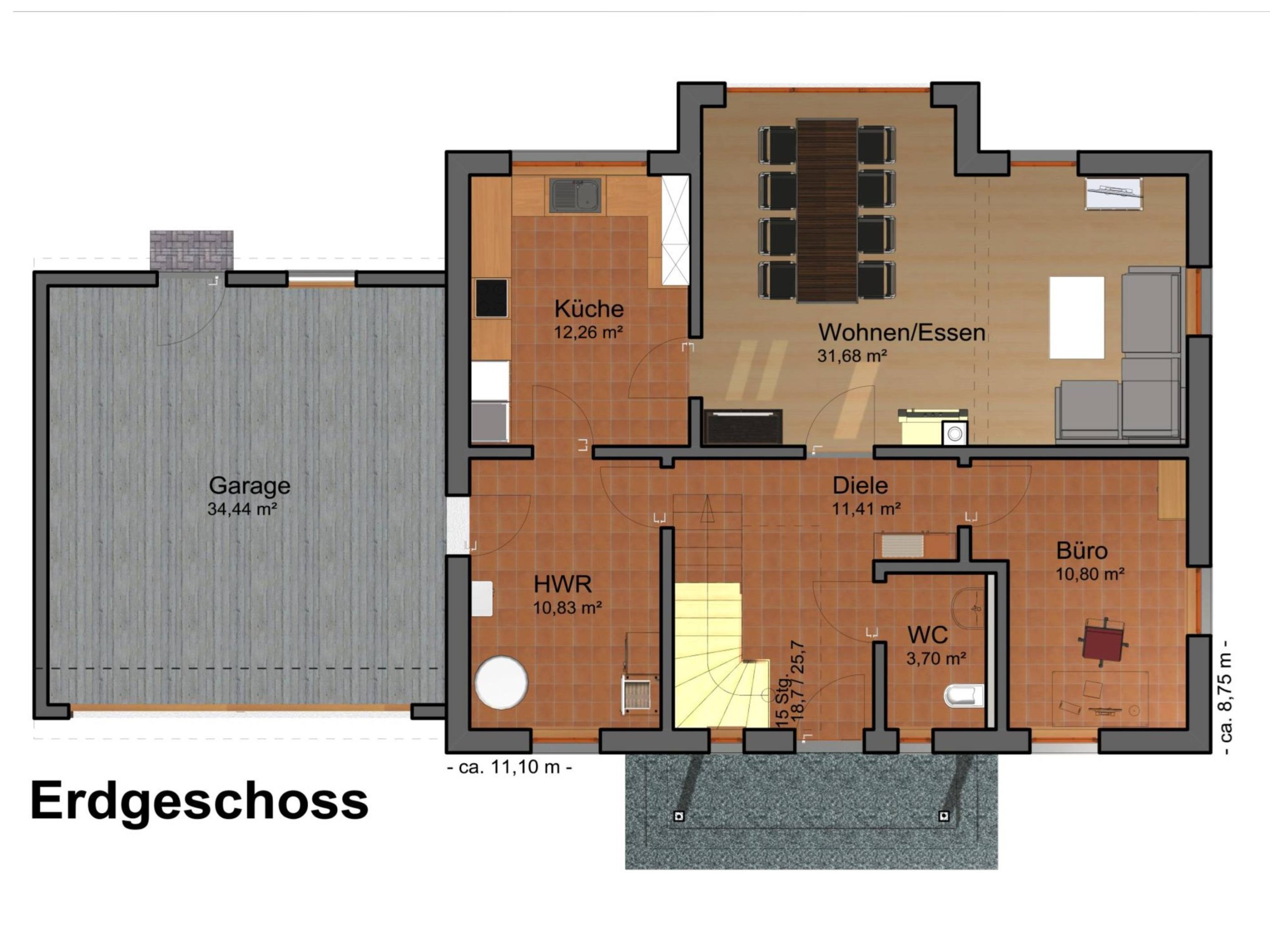 Erdgeschossgrundriss mit Wohn-, Essbereich, Küche, Büro und Garage