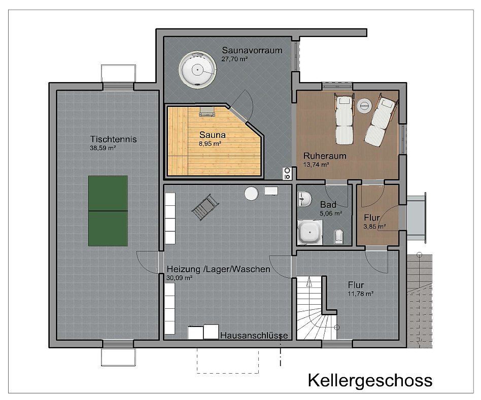 Grundriss Kellergeschoss von Haus Hillebrand mit Sauna, Ruheraum und Nutzräumen
