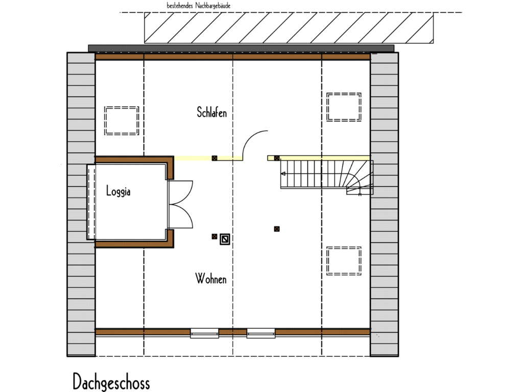 Grundriss des neu entstandenen Dachgeschosses mit Wohnen, Schlafen und Loggia