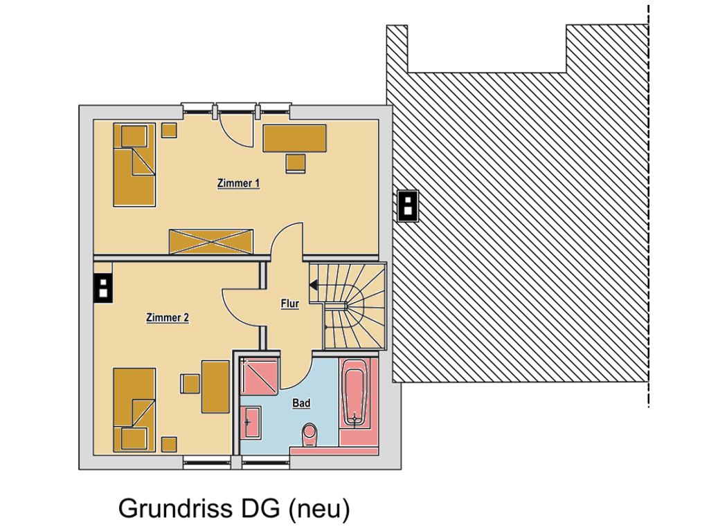 Grundriss des neuen Dachgeschosses mit zwei Zimmern, Bad und Flur